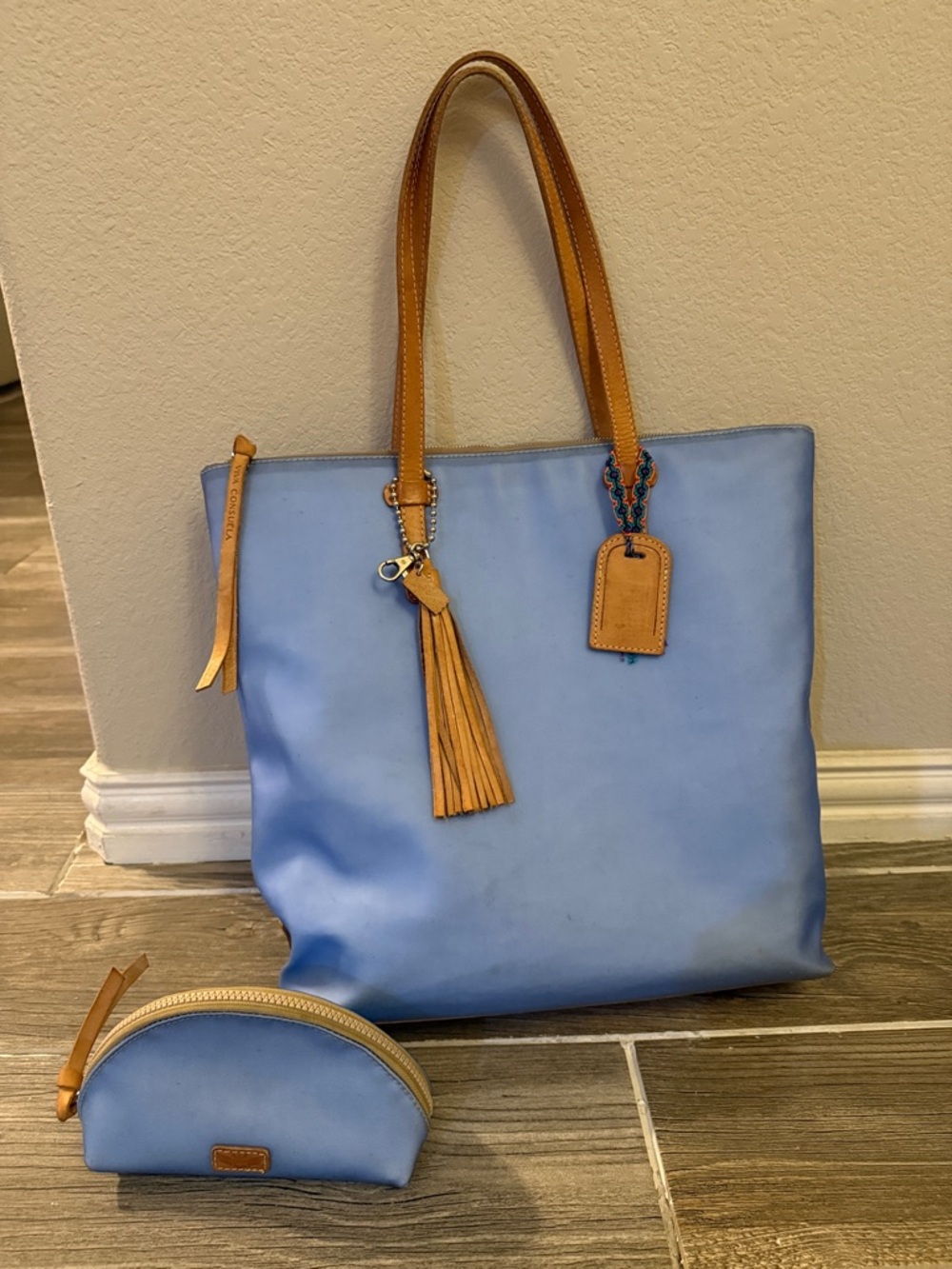 Consuela Sky Blue Leather Tote with Tan Handles and Tassel